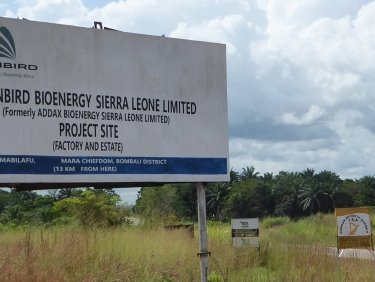 Firmenschild auf einem Feld in Sierra Leone